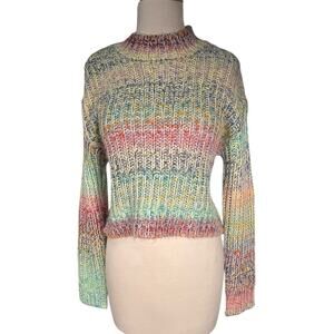 Anthropologie Multicolor Knit Sweater Cropped High Neck Long Sleeve Smal Rainbow